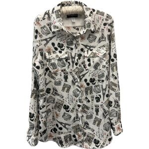Karl Lagerfeld Paris printed button-down Blouse whimsical Parisian theme